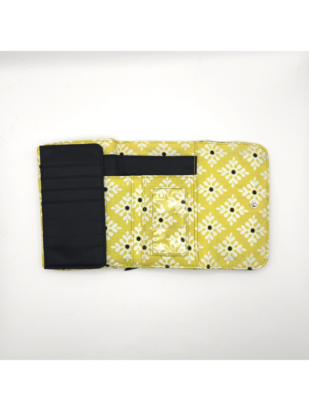 Vera Bradley Quilted Trifold Euro Retired Baroque Wallet Black Yellow Floral - Picture 4 of 7